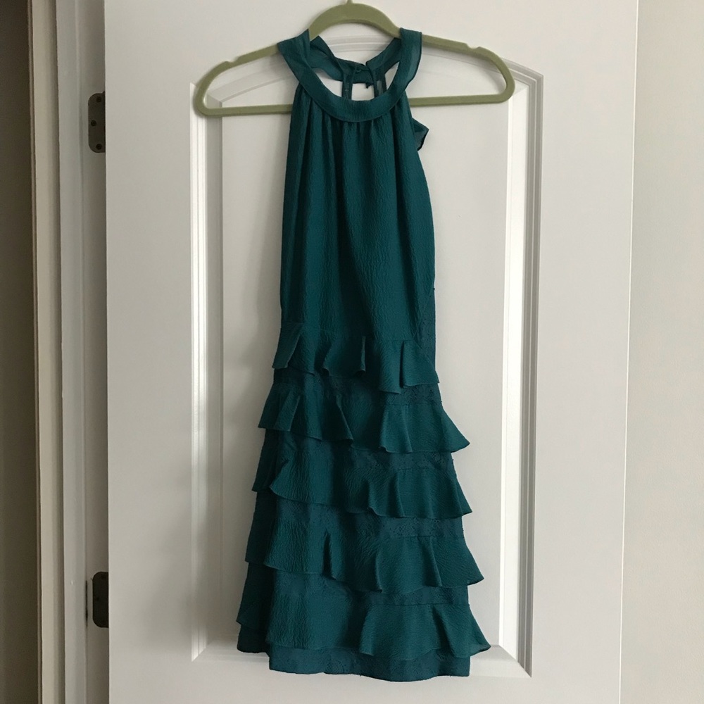 Rebecca Taylor teal lace open back cocktail dress